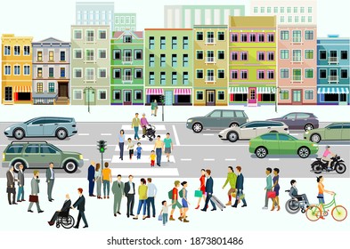 City with road traffic, apartment buildings and pedestrians on the sidewalk, illustration