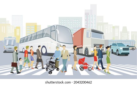 City with road traffic, apartment buildings and pedestrians on the zebra crossing Illustration