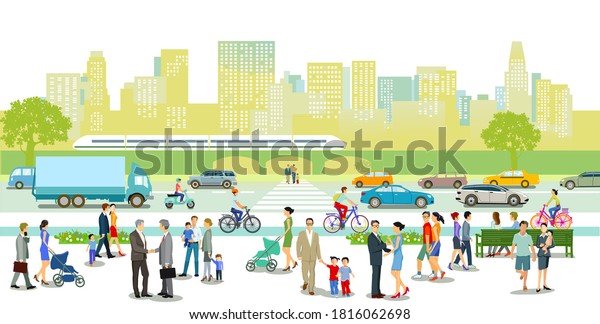 City with road traffic, apartment buildings and\
pedestrians on the\
sidewalk
