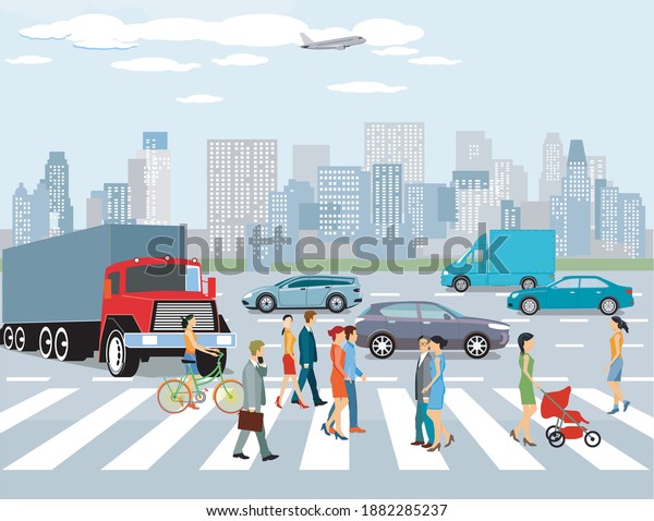 City with road traffic,\
apartment buildings and pedestrians on the crosswalk,,\
illustration