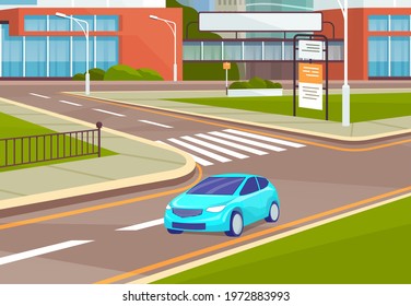 City road with traffic. Markings and sidewalk for pedestrians. Cityscape, empty street, highway, urban concept. Car stands in front of pedestrian crossing. Landscape of urban city with passenger car