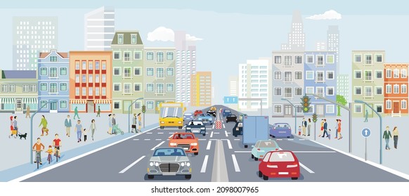 City with road traffic and pedestrians on the sidewalk