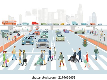 City with road traffic, skyscrapers, apartment buildings and pedestrians on the sidewalk, illustration