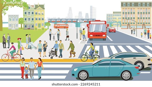 City with road traffic, skyscrapers, apartment buildings and pedestrians on the sidewalk, illustration