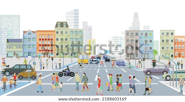 City with road traffic,\
skyscrapers, apartment buildings and pedestrians on the sidewalk,\
illustration