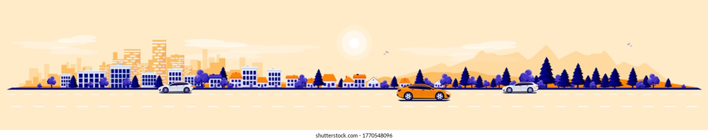 City road traffic in urban landscape street with cars, city skyline office buildings, family houses in town and mountain with trees in background. Orange blue flat vector cartoon style illustration.