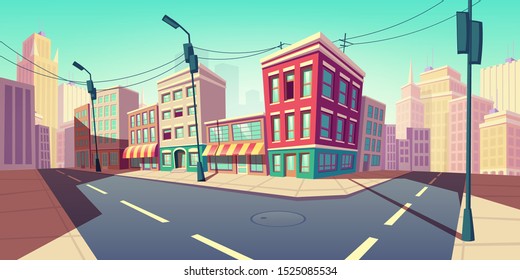 City Road Turn, Empty Street With Transport Highway With Marking, Sewer Manhole, Lamps And Buildings. Urban Architecture, Infrastructure Megapolis Exterior With Skyscrapers Cartoon Vector Illustration