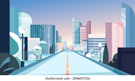 City road in winter season. Cityscape in flat style.