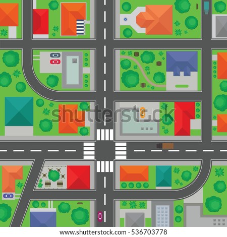 City roads and crossroads map vector. Top view of buildings and houses of a town illustration. Transportation vehicles on streets from air, roof tops, neighborhood blocks cartoon image.