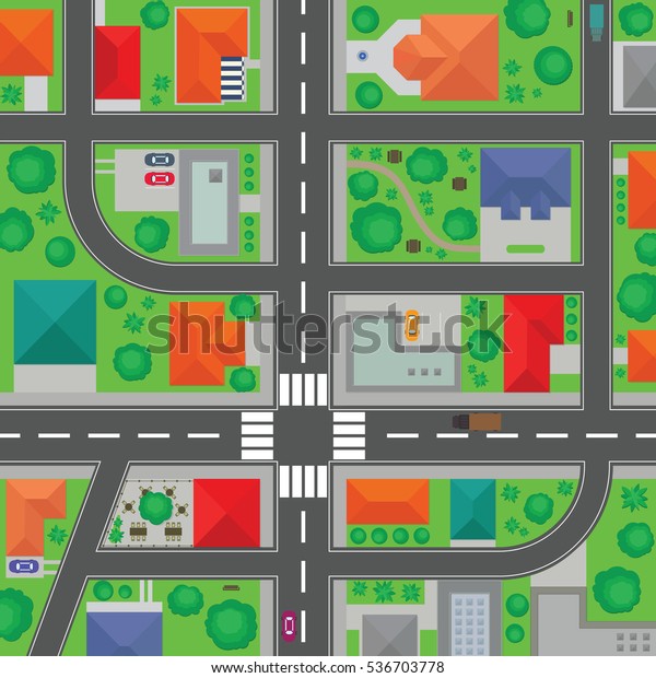 市道と交差点の地図のベクター画像 町のイラストの建物や家の平面図 空気や屋根の上 近所の街頭にある車両は 漫画の画像をブロックしている のベクター画像素材 ロイヤリティフリー