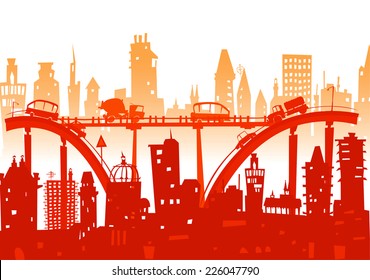 City roads and motorways with lots of traffic. Commuting time illustration