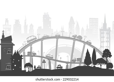 City roads and motorways with lots of traffic. Commuting time illustration