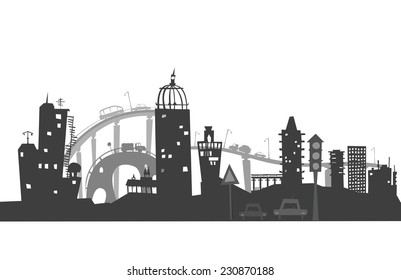 City roads and motorways with lots of traffic. Commuting time illustration