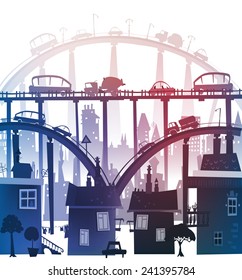 City roads and motorways with lots of traffic. Commuting time illustration