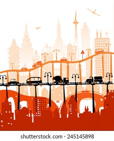 City roads and motorways with lots of traffic. Commuting time illustration