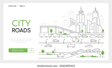 City roads - thin line design style vector web banner with copy space for text. High quality composition with buildings, cars, traffic. Architecture and real estate, urban landscape with vehicles