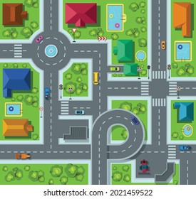 Stadtstraßen und Verkehrsstraßen, Häuser und Autos - Draufsicht. Moderne Stadtplan mit Transportgebäuden. Städtisches Wahrzeichen von oben. Vorstädtisches Stadtbild-Lifestyle-Luftkarikatur, Vektorgrafik