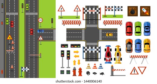 Stadtstraßen und Straßenübersicht mit Straßenschildern, Transport- und Rennspielelementen. Straßenbauer im flachen Stil. Vektorgrafik für Spiele, Ausdrucke etc.