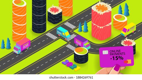 A city with roads and trucks in isometry and land instead of houses. Vector banner