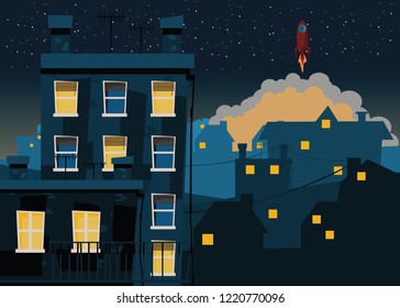 city and rocket at nights vector illustration 