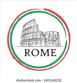 Afiche de la ciudad de Roma con marco circular de la bandera nacional italiana en rojo, verde y blanco alrededor de un bosquejo de línea del Coliseo y texto, ilustración vectorial