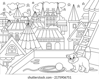 City, roofs of city houses and a cat. Children coloring book, black outline, white background.