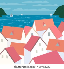 City rooftop. Old western cityscape Concept. Houses on beach. Seaside panoramic view. Old town panoramic view. House on seashore, blue sea waves, yachts. Summer  season on seaside. Vector Illustration