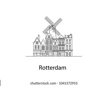 The city of Rotterdam. European houses. Different sizes and constructions. Old houses of Europe Flat vector in lines.