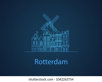 The city of Rotterdam. European houses. Different sizes and constructions. Old houses of Europe Flat vector in lines.