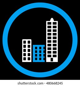 City rounded icon. Vector illustration style is flat iconic bicolor symbol, blue and white colors, black background.