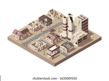 City Ruins. Abandoned Town With Broken Buildings Manufacturing City Decay Vandalized Objects Vector Isometric