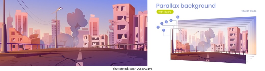 City ruins with broken houses, cracked road and smoke. Vector parallax background for game animation with cartoon cityscape with destroyed buildings after war or earthquake