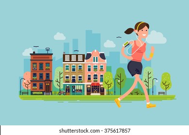 City run. Lovely vector flat design on fitness workout running woman with urban city street background | Sport friendly smiling female character running with earphones on