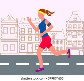 City run. Lovely vector flat design on fitness workout running woman with urban city street background | Sport friendly smiling female character running with earphones on