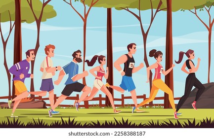 City runner cartoon concept with group of young people running outdoors vector illustration