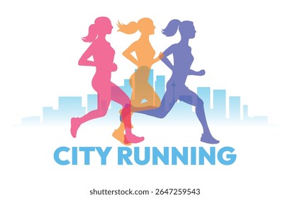 City running logo. Female athletics running on cityscape background isolated vector illustration