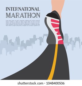 City Running Marathon. Athlete Runner Feet Running On Road Closeup On Shoe In Skyscraper City Landscape Background. Illustration Vector