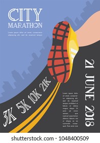city running marathon. athlete runner feet running on road closeup on shoe in skyscraper city landscape background. illustration vector