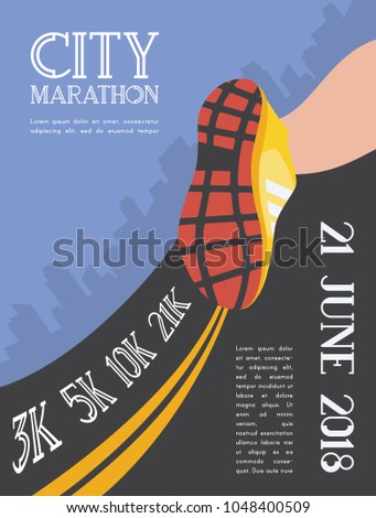 city running marathon. athlete runner feet running on road closeup on shoe in skyscraper city landscape background. illustration vector