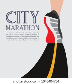 city running marathon poster template. athlete runner feet running on road closeup. illustration vector