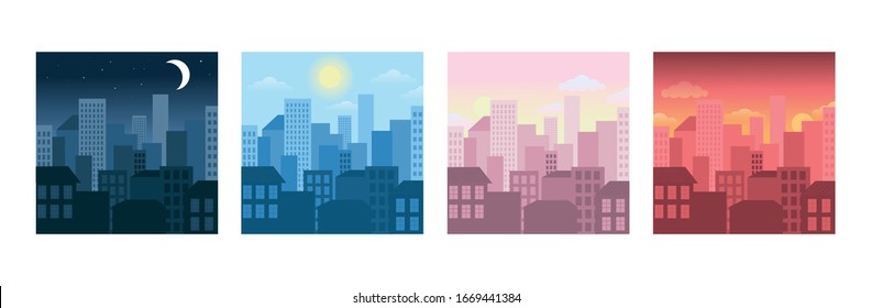 City   rural scenic landscape in different times day  Morning  day   night city skyline landscape  town buildings in different time   urban cityscape town sky  