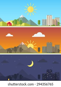 City and rural scenic landscape in different times of day. Flat style vector vector.