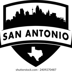 City of San Antonio black and white shield style city buildings silhouette shield graphic with knockout white outline of the state border shape under name. Vector eps design. 