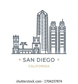 Ciudad de San Diego, estado de California. Icono de línea de la famosa y más grande ciudad de Estados Unidos. Icono de esquema para web, móvil e infografía. Lugares emblemáticos y edificios famosos. Ilustración vectorial, aislado en blanco. 