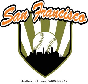 City of San Francisco California skyline silhouette baseball icon with ball inside home plate shaped shield and script lettering above. Vector eps graphic design.