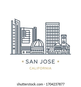 Ciudad de San José, estado de California. Icono de línea de la famosa y más grande ciudad de Estados Unidos. Icono de esquema para web, móvil e infografía. Lugares emblemáticos y edificios famosos. Ilustración vectorial, aislado en blanco. 