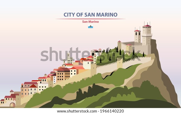 City of San Marino cityscape on sunset sky background vector illustration with country and city name and with flag of San Marino