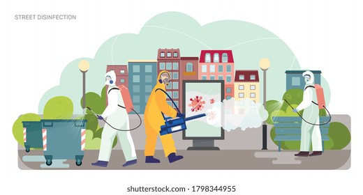 City sanitizing fighting viruses flat composition with squad in protective suits spraying disinfectant on streets vector illustration 