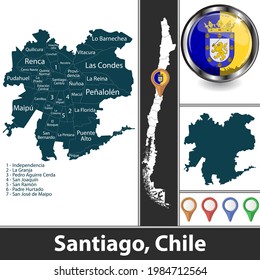 City of Santiago with communes and location on Chilean map. Vector image