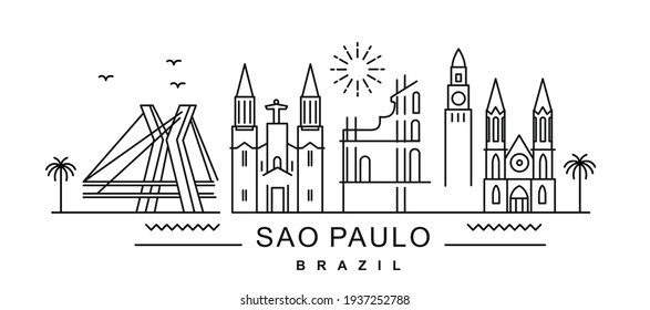 city of Sao Paulo in outline style on white. Landmarks sign with inscription.